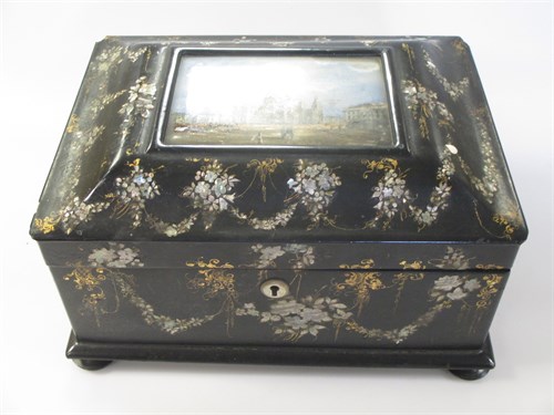 Lot 152 - A Victorian papier mache work box, the cover...