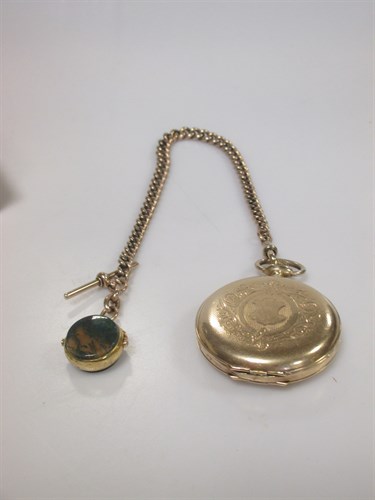 Lot 181 - A 9ct gold pocket watch chain and fob and a...