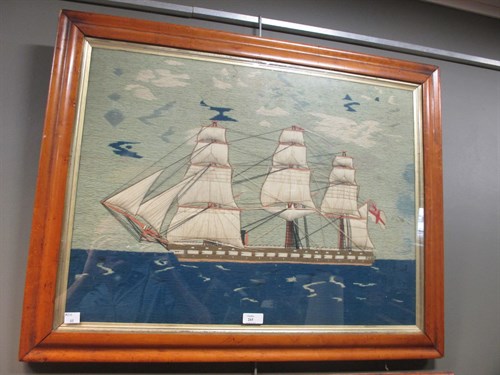Lot 265 - A Victorian woolwork picture of a three masted...
