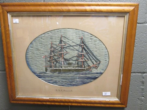 Lot 281 - A woolwork picture of HMS Monarch, 27cm oval