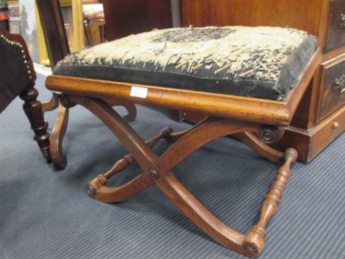 Lot 458 - A Victorian X framed walnut stool with...