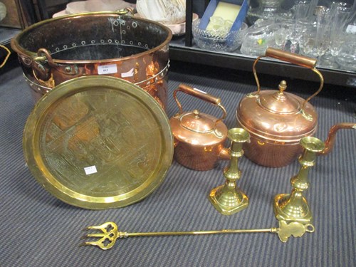 Lot 403 - A collection copper; a fuel bucket, teapots,...