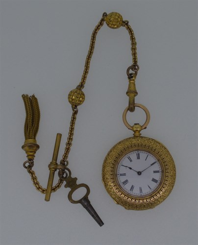 Lot 168 - An unsigned continental open faced pocket watch with accompanying Albertina chain