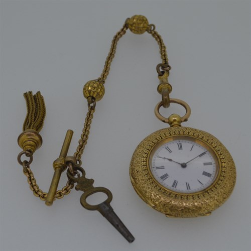 Lot 168 - An unsigned continental open faced pocket watch with accompanying Albertina chain