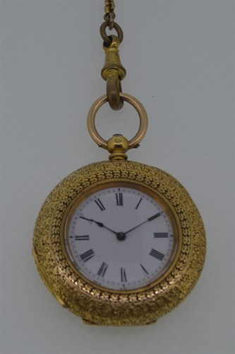 Lot 168 - An unsigned continental open faced pocket watch with accompanying Albertina chain