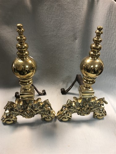 Lot 345 - A pair of 19th century continental brass andirons, probably Dutch