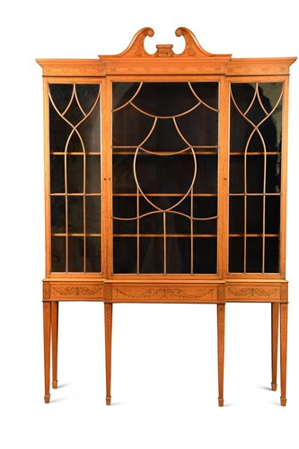 Lot 500 - A late 19th century satinwood and inlaid breakfront display cabinet