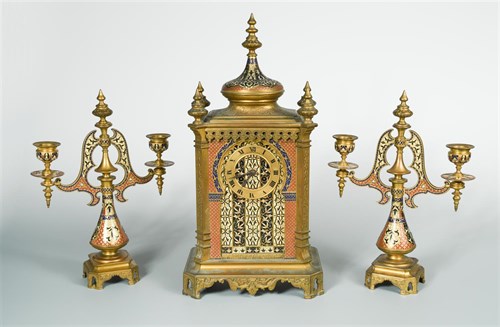 Lot 366 - A late 19th century ormolu and enamel clock garniture