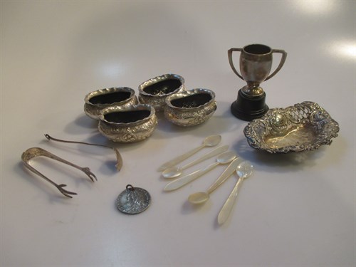 Lot 181 - Four silver salts, small tongs, miniature cup...