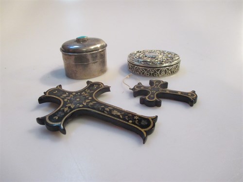 Lot 185 - Two decorated crucifixes with inlaid detail, a...