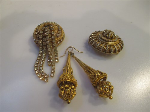 Lot 166 - A pair of gilt metal costume earrings and two...
