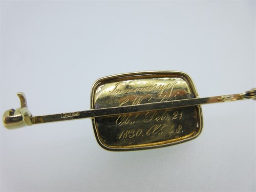 Lot 349 - A jade and seed pearl bar brooch with a late Georgian memorial inscription