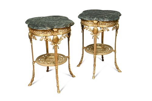 Lot 392 - A pair of 20th century brass framed marble top tables