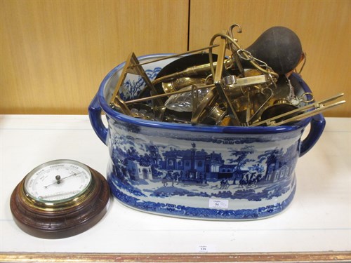 Lot 54 - Brassware: a car horn, hall lantern, fireside...