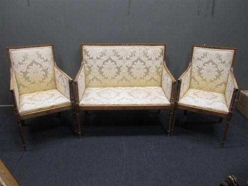 Lot 283 - A Sheraton revival painted satinwood sofa and...