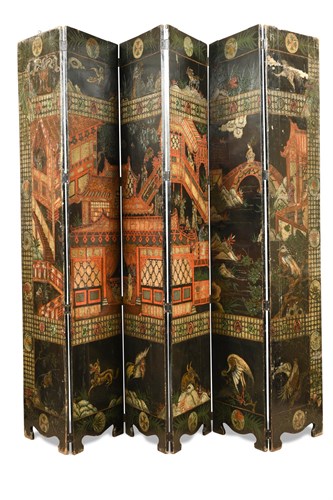 Lot 456 - A Chinese six fold lacquer screen, decorated...