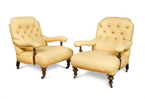 Lot 420 - A matched pair of late 19th century walnut framed armchairs