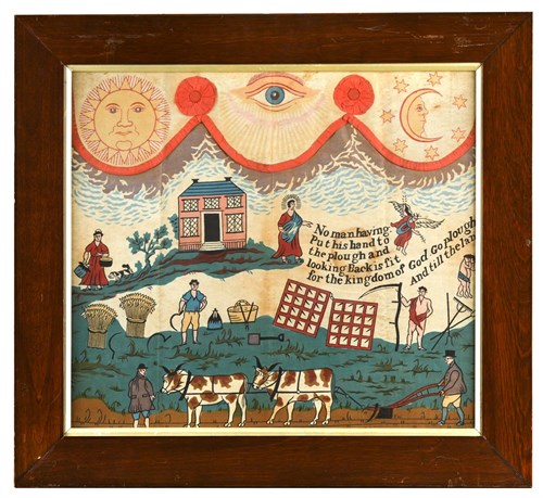 Lot 353 - A rare printed silk/cotton Masonic and agricultural panel, circa 1800