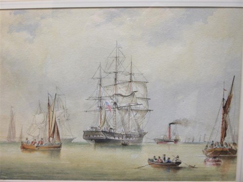 Lot 283 - W H Chambers, Man o'war with steam paddle tug,...