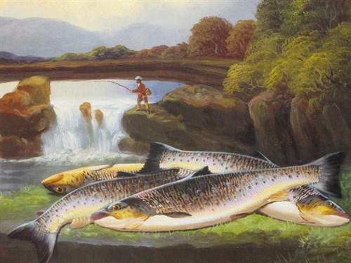 Lot 276 - J D Russell, Fisherman casting by a weir, the...
