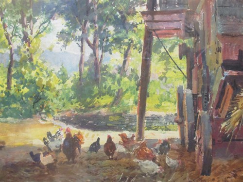 Lot 304 - W R E Goodrich, Poultry by a threshing machine,...