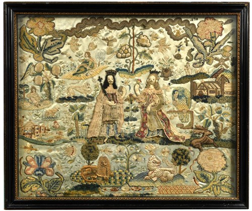 Lot 351 - A rare 17th century stumpwork picture of Charles II and Catherine of Braganza, dated 1670