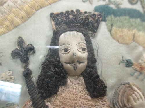 Lot 351 - A rare 17th century stumpwork picture of Charles II and Catherine of Braganza, dated 1670