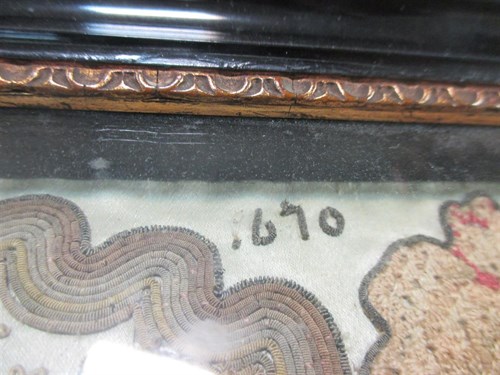 Lot 351 - A rare 17th century stumpwork picture of Charles II and Catherine of Braganza, dated 1670