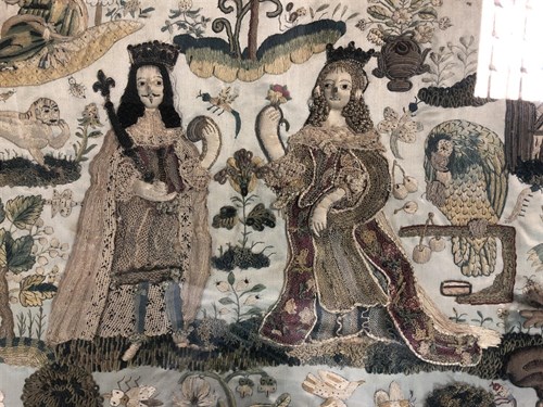 Lot 351 - A rare 17th century stumpwork picture of Charles II and Catherine of Braganza, dated 1670