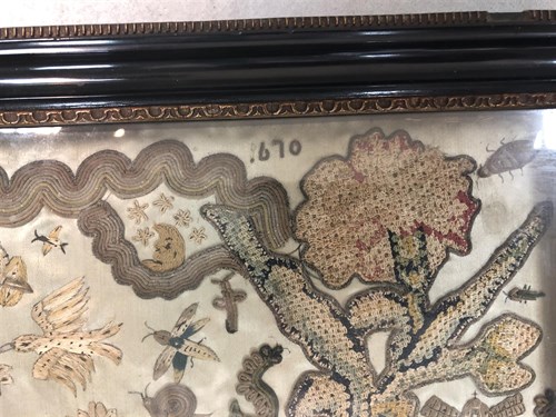 Lot 351 - A rare 17th century stumpwork picture of Charles II and Catherine of Braganza, dated 1670