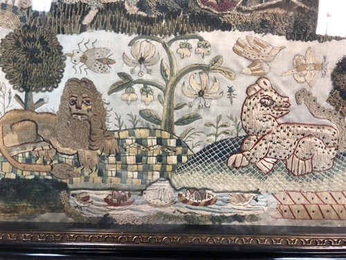 Lot 351 - A rare 17th century stumpwork picture of Charles II and Catherine of Braganza, dated 1670