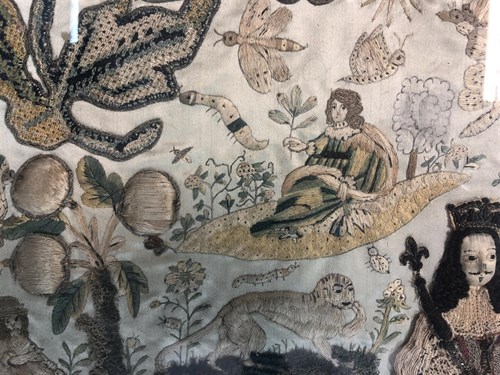 Lot 351 - A rare 17th century stumpwork picture of Charles II and Catherine of Braganza, dated 1670