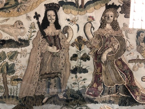 Lot 351 - A rare 17th century stumpwork picture of Charles II and Catherine of Braganza, dated 1670
