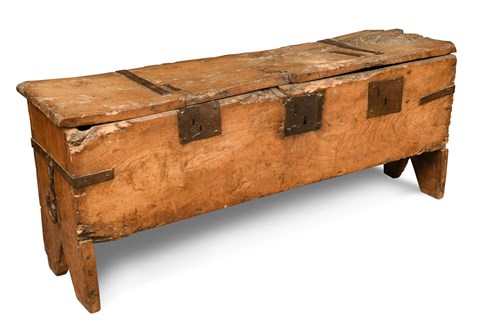 Lot 382 - A 15th century elm and iron bound boarded chest