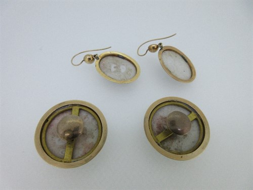 Lot 238 - A pair of enamelled ceramic pendant earrings and a similar pair of lapel buttons