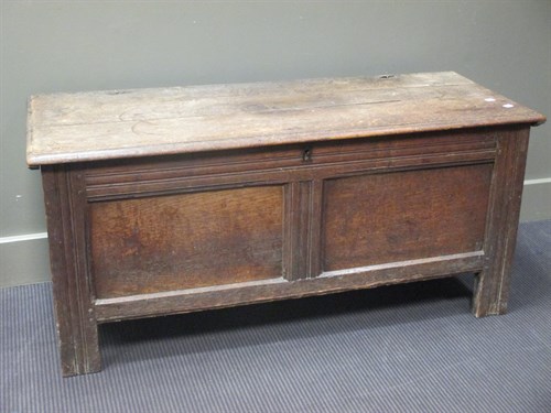 Lot 453 - A 17th century oak panel coffer, 55 x 121 x 46cm