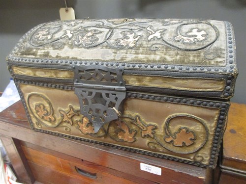 Lot 555 - Metal box stamped RMD, fabric covered 17th...