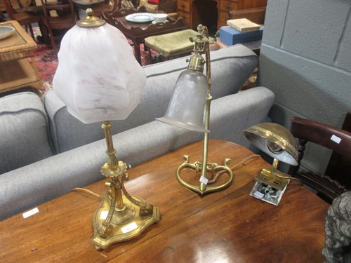 Lot 400 - Two brass Edwardian table lamps with glass...