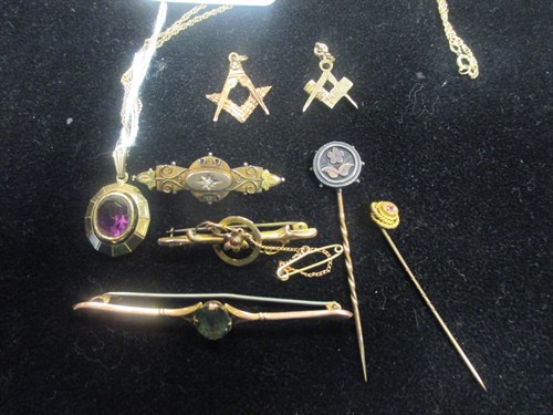Lot 156 - A collection of brooches and pins, a 9ct gold...