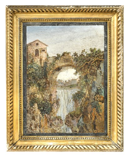 Lot 218 - An early 19th century micromosaic panel depicting the San Rocco Bridge and the Grand Waterfall at Tivoli, circa 1820