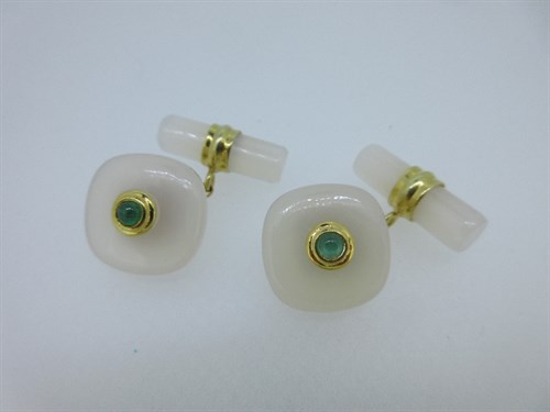 Lot 333 - A pair of chalcedony and emerald cufflinks