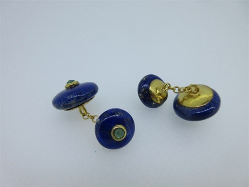 Lot 354 - A pair of lapis lazuli and emerald cufflinks