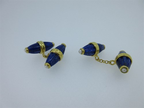 Lot 365 - A pair of double ended lapis lazuli and pearl cufflinks