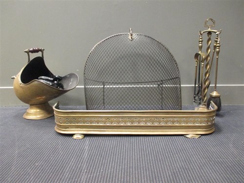 Lot 328 - A brass coal scuttle, fire tools and spark...