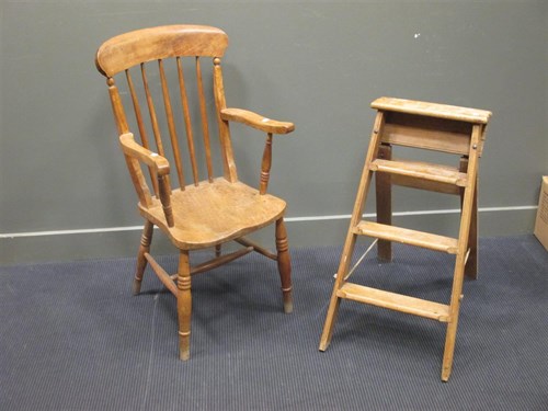 Lot 409 - A kitchen armchair and set of folding steps (2)