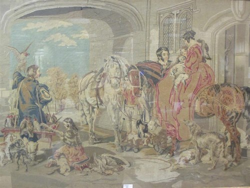 Lot 185 - A large tapestry of a hunting scene in a maple...