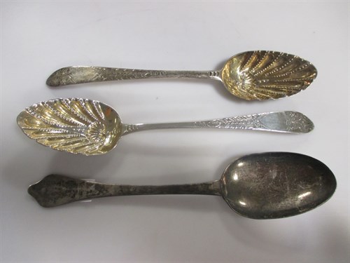 Lot 213 - A pair of Irish silver table spoons with later...