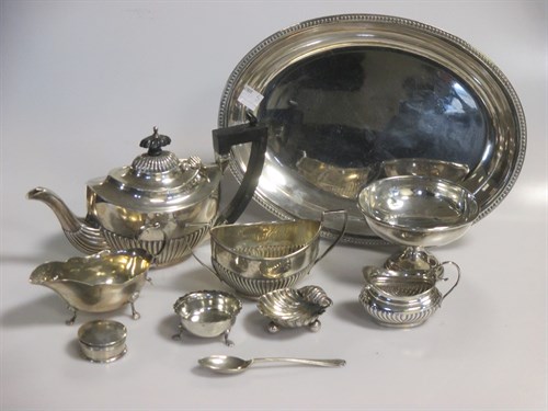 Lot 215 - A silver bachelor teaset, sauce boat etc