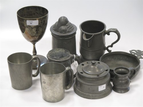 Lot 90 - Pewter wares, various mugs including a Tudric...