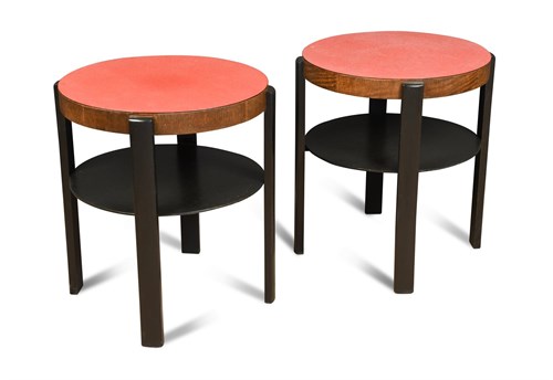 Lot 133 - A pair of oak veneered and black lacquer occasional tables